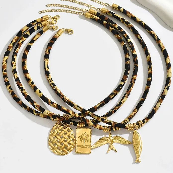 Adjustable Leopard Print Cord Necklace with Zinc Alloy Fish Bird Pendant Choker Gift