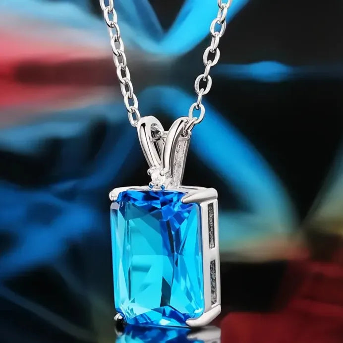 Rectangular Blue CZ Pendant Necklace for Women Silver Wedding Jewelry