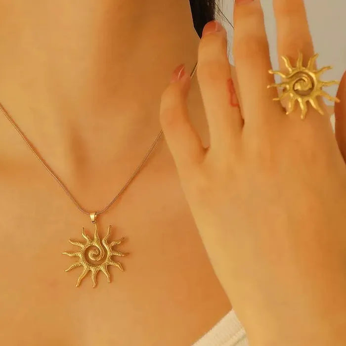 Stainless Steel Sun Pendant Necklace & Ring Set for Women Jewelry Gift