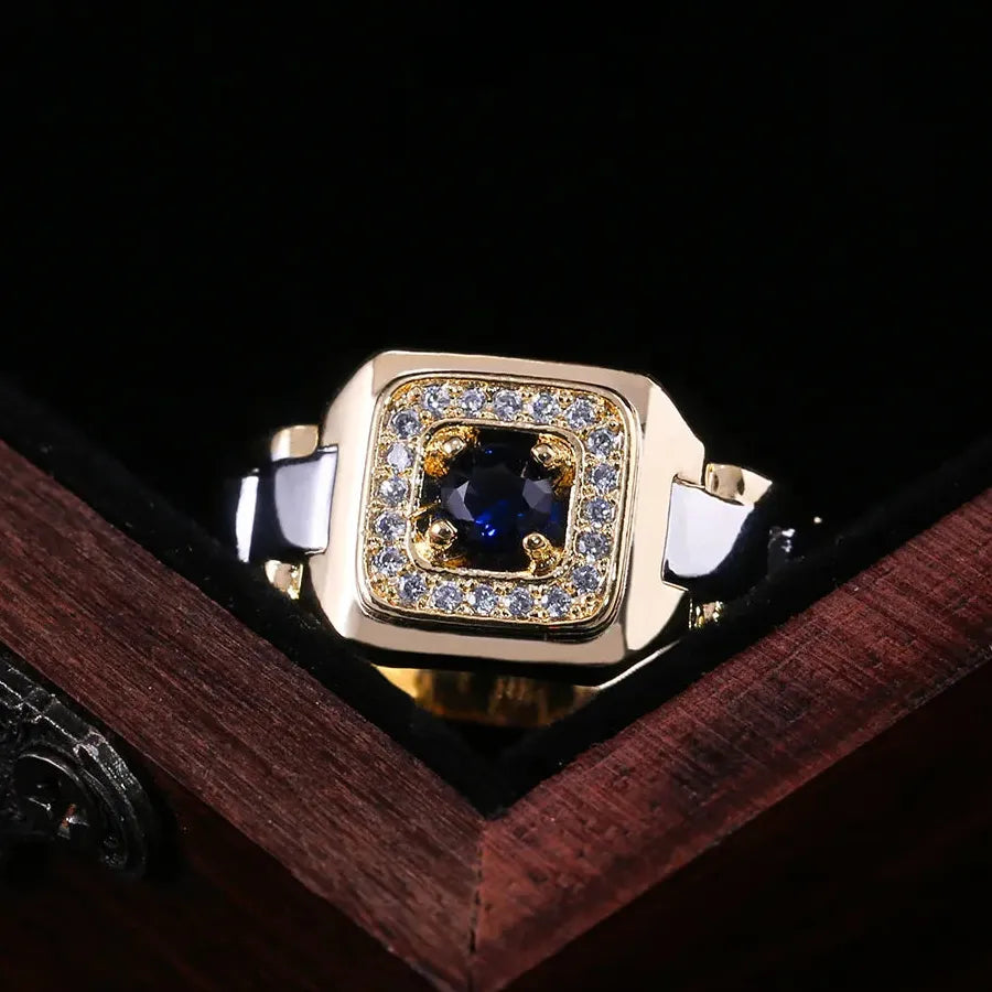 Men's Copper Ring with Blue Gemstone Inlay Square Design Engagement Wedding Gift