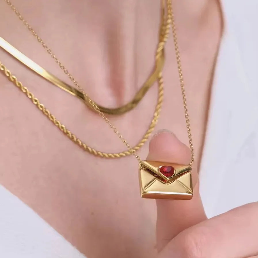 18K Gold Plated Stainless Steel Heart Envelope Pendant Necklace for Women Jewelry