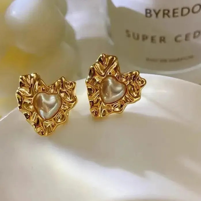 Stainless Steel Geometric Corrugated Heart Pearl Earrings for Women Stylish Jewelry