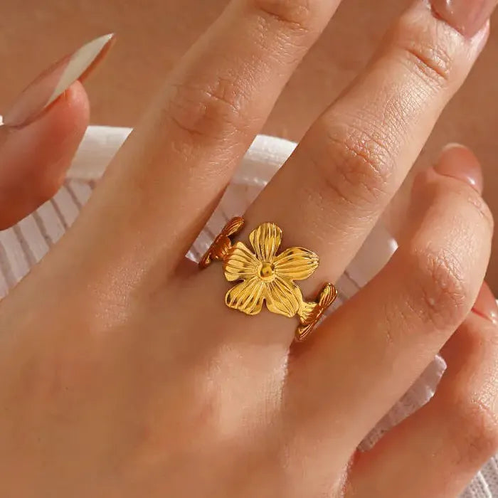 Adjustable Stainless Steel Flower Plant Ring for Women and Girls Jewelry