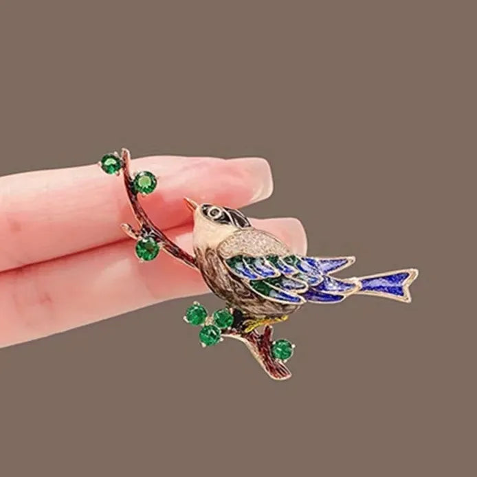 Vintage Magpie Bird Brooch Enamel Rhinestone Flower Pin for Women