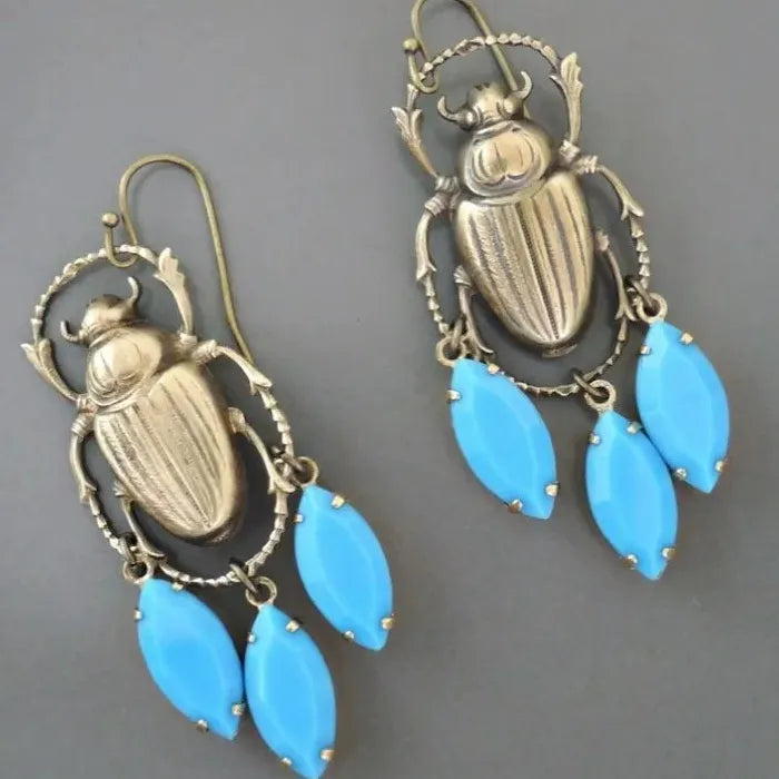 Vintage Blue Gemstone Beetle Pendant Drop Earrings Zinc Alloy Jewelry for Women