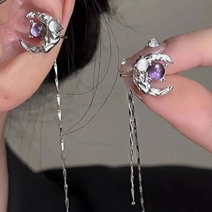 Purple Crystal Moon Tassel Clip-On Earrings Zinc Alloy Ear Cuff Women
