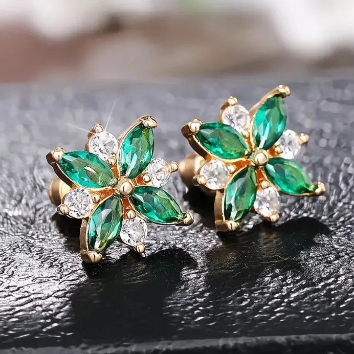 Gold Women Geometric Flower Stud Earrings with White Green CZ for Wedding