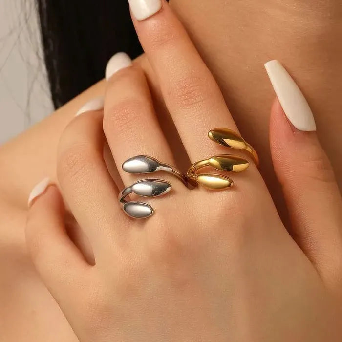 Adjustable Gold Color Stainless Steel Leaf Ring for Women Nature Jewelry