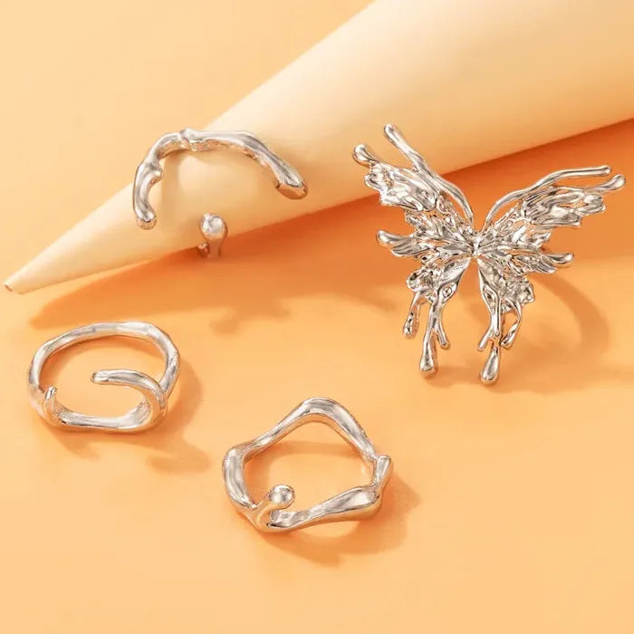 Silver Metal Liquid Butterfly Rings Set Women Gothic Punk Jewelry