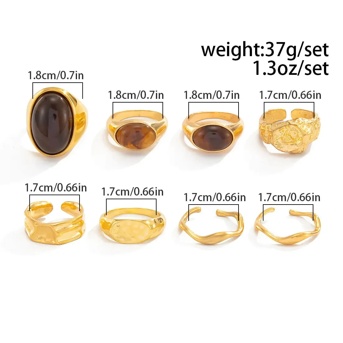 8Pcs Vintage Brown Geometric Stone Open Rings Set for Women Fashion Jewelry