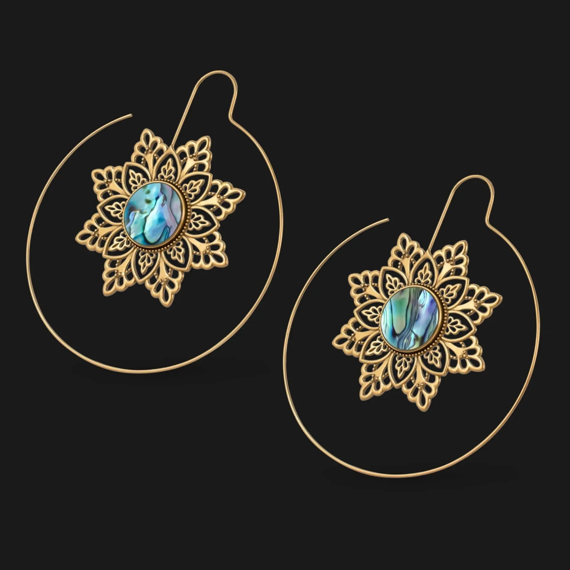 Vintage Gold Shell Round Drop Earrings Metal Carving Hollow Snowflake Jewelry