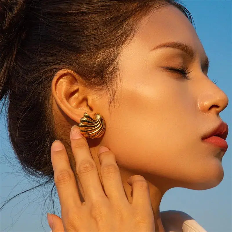 18K Gold Plated Stainless Steel Waterproof Ribbed Large Shell Stud Earrings