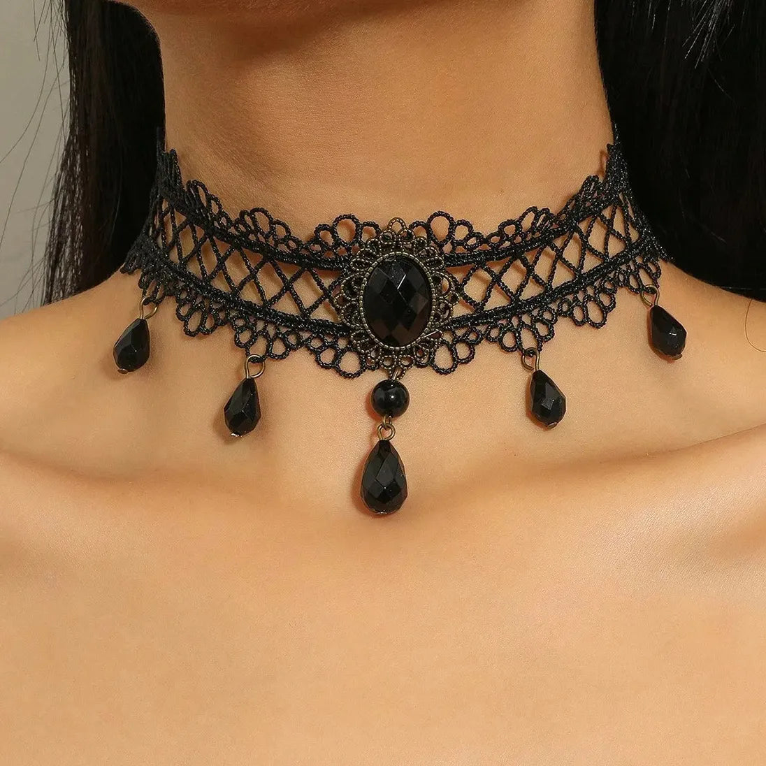 Black Lace Gothic Choker with Crystal Circle Pendant for Women