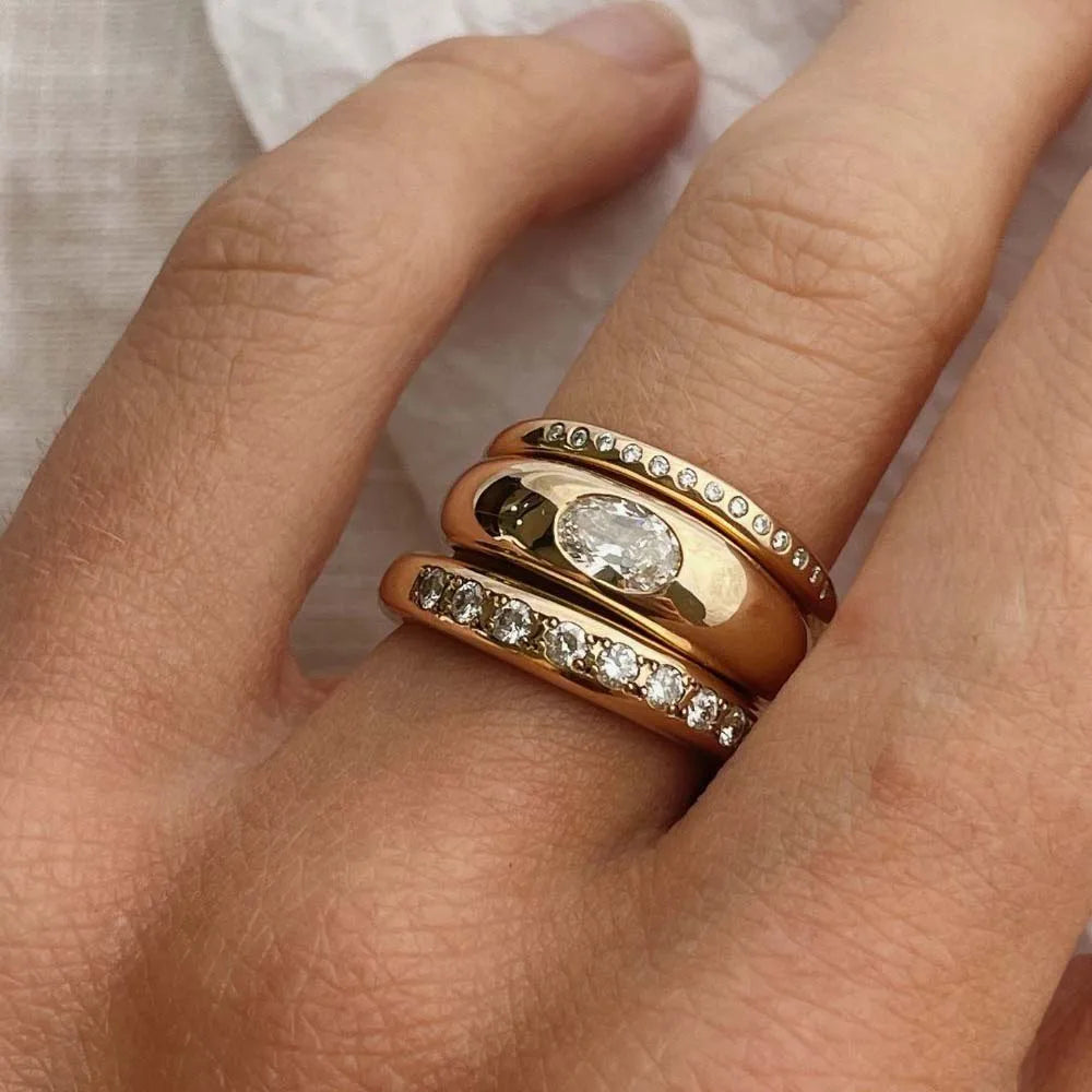 18K Gold Plated Stainless Steel Cubic Zirconia Geometric Wedding Ring Women