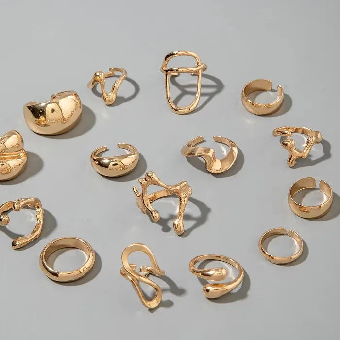 15Pcs Metal Lava Irregular Open Rings Set for Women Gothic Party Jewelry