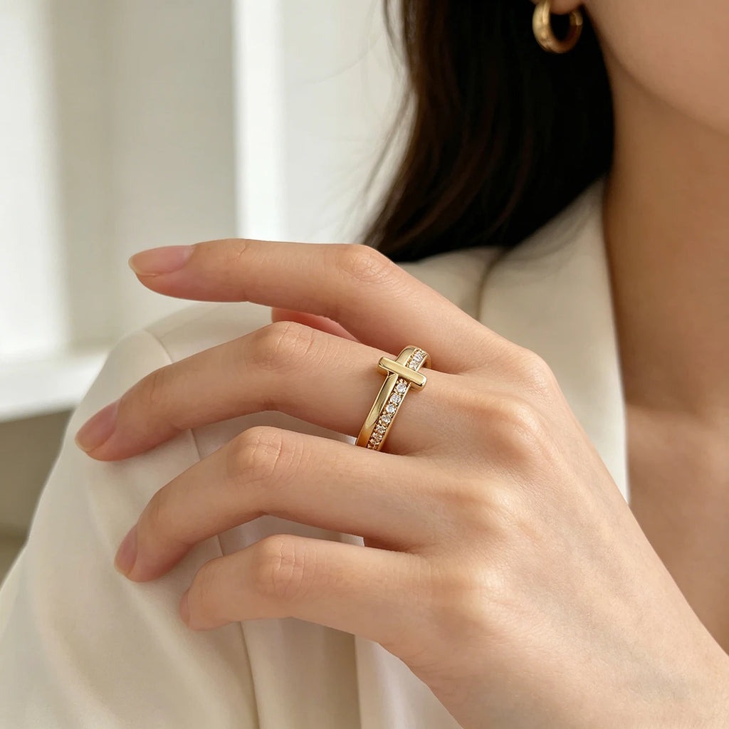 Gold Plated Geometric Cubic Zirconia Opening Ring for Women Wedding Jewelry 2026
