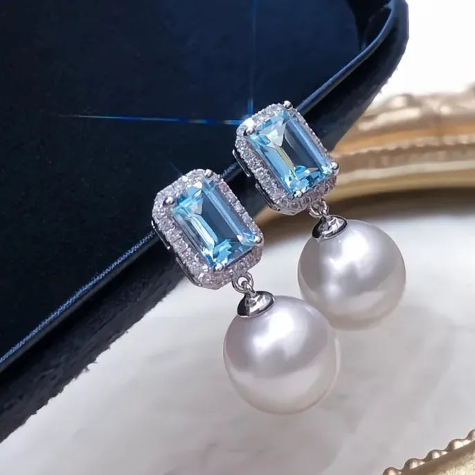 Simulated Pearl Drop Earrings with Blue Cubic Zirconia Square Brass Jewelry