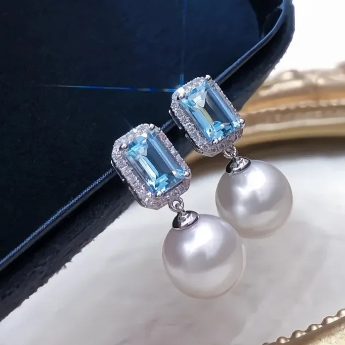 Brass Alloy Drop Earrings with Simulated Pearls and Blue Cubic Zirconia