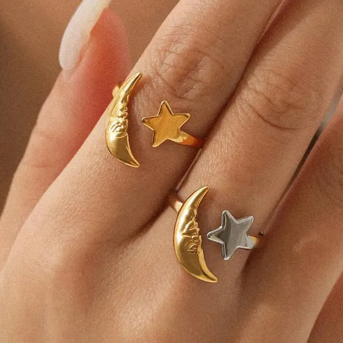 Adjustable Stainless Steel Moon Star Open Ring Unisex Gold Silver Gift Jewelry