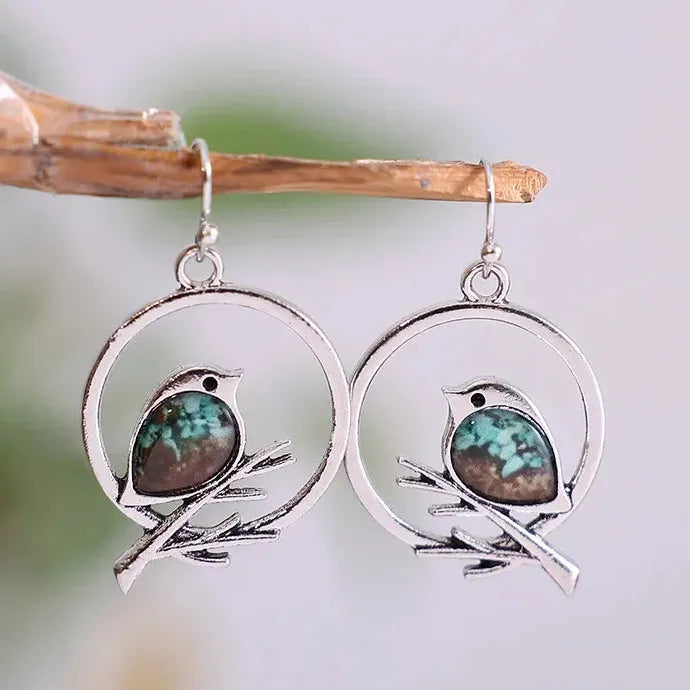 Vintage Branch Bird Drop Earrings Zinc Alloy Resin Women's Jewelry
