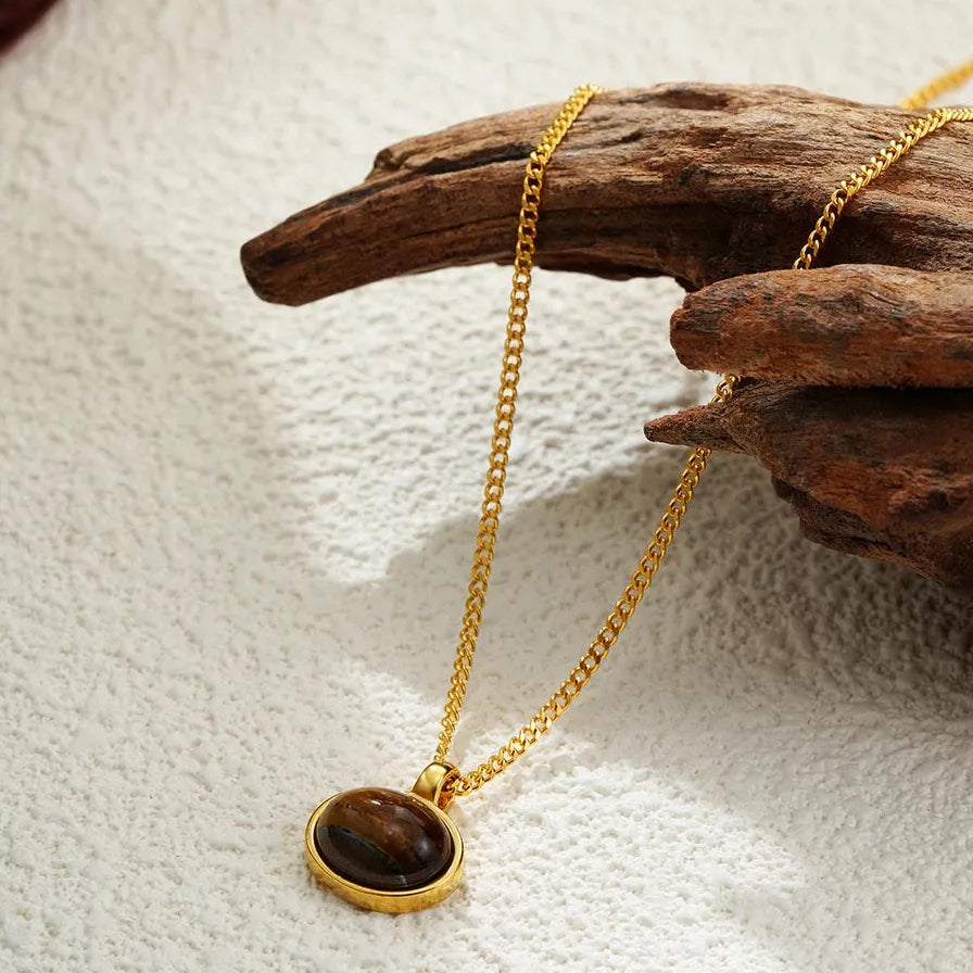 18K Gold Plated Tiger Eye Stone Necklace Geometric Pendant Hypoallergenic Jewelry