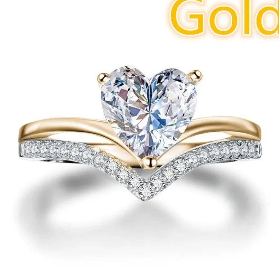 Silver Heart Ring Set for Women with White Zircon Stones Bridal Engagement Jewelry Gift