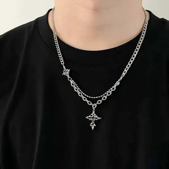 Punk Double Layer Cross Necklace for Women Men Halloween Charm Jewelry