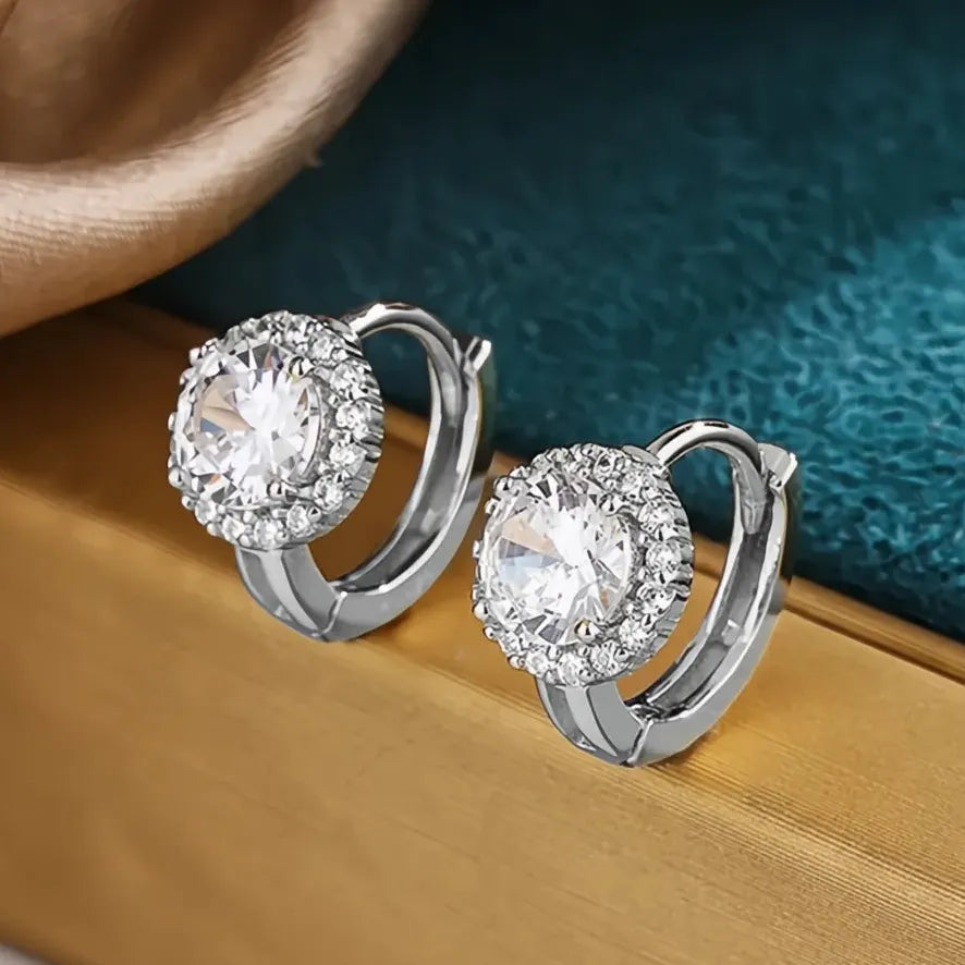 Geometric Silver & Gold Hoop Earrings with Round Cubic Zirconia Stones