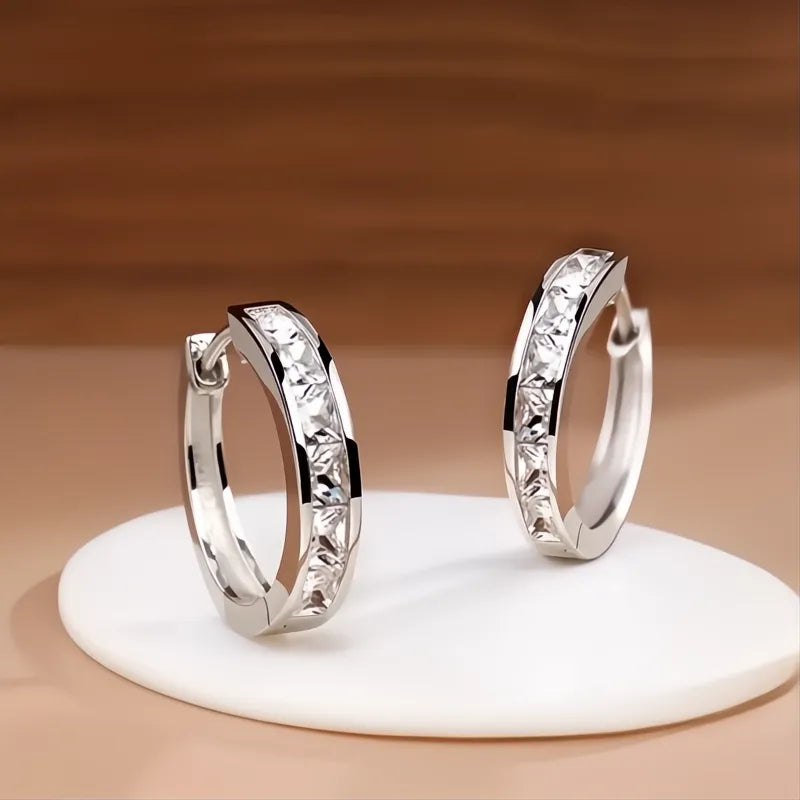 Classic Design Women Hoop Earrings with Princess Square Cubic Zirconia, Elegant Fashion Jewelry