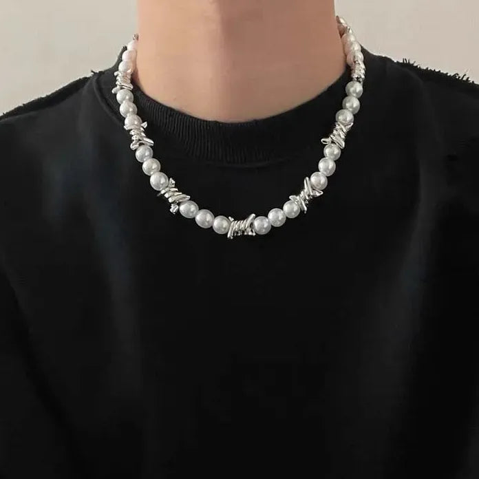Punk Pearl Barbed Wire Chain Necklace Gothic Metal Jewelry Gift Men Women