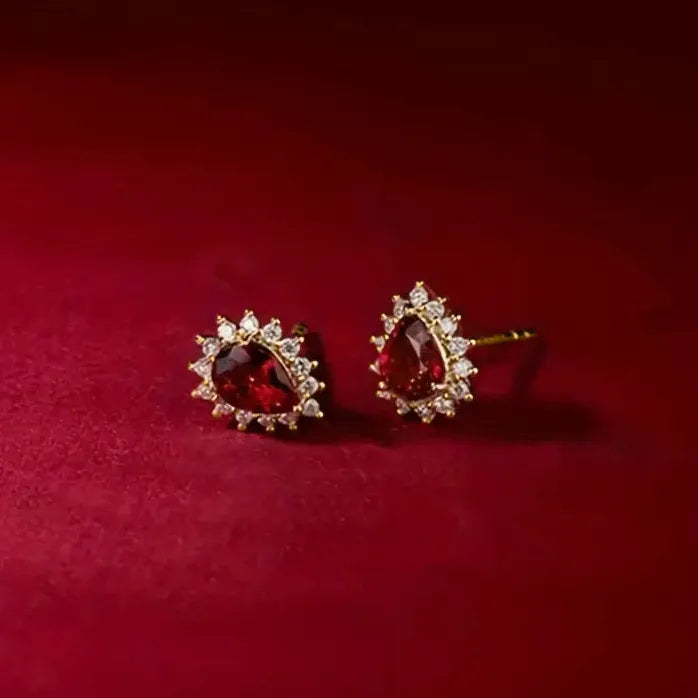 Red Water Drop CZ Stud Earrings Gold Color Fashion Jewelry Gift
