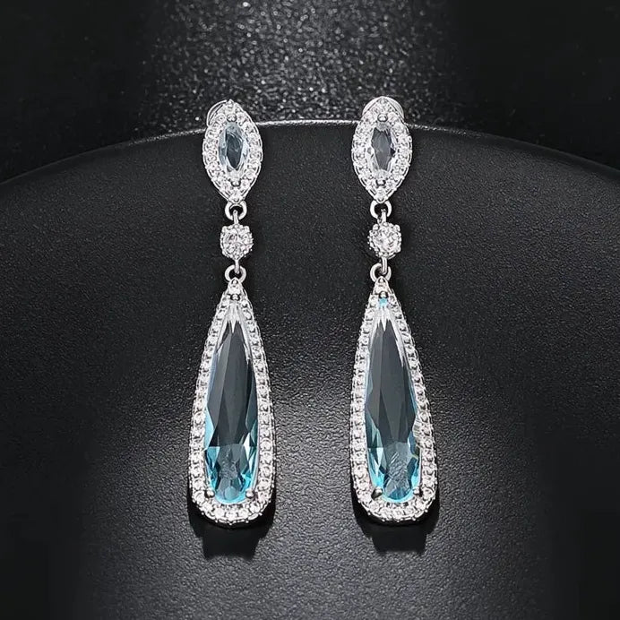 Light Blue Geometric Cubic Zirconia Dangle Earrings for Women Wedding