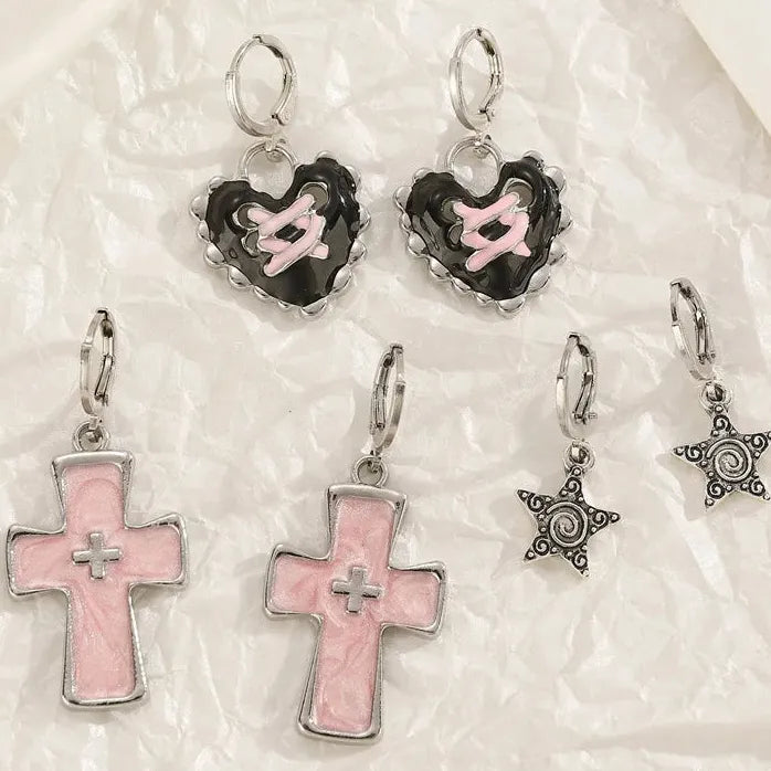 Goth Vintage Pink Strawberry Heart Star Bowknot Pendant Earrings EMO Y2K Fashion