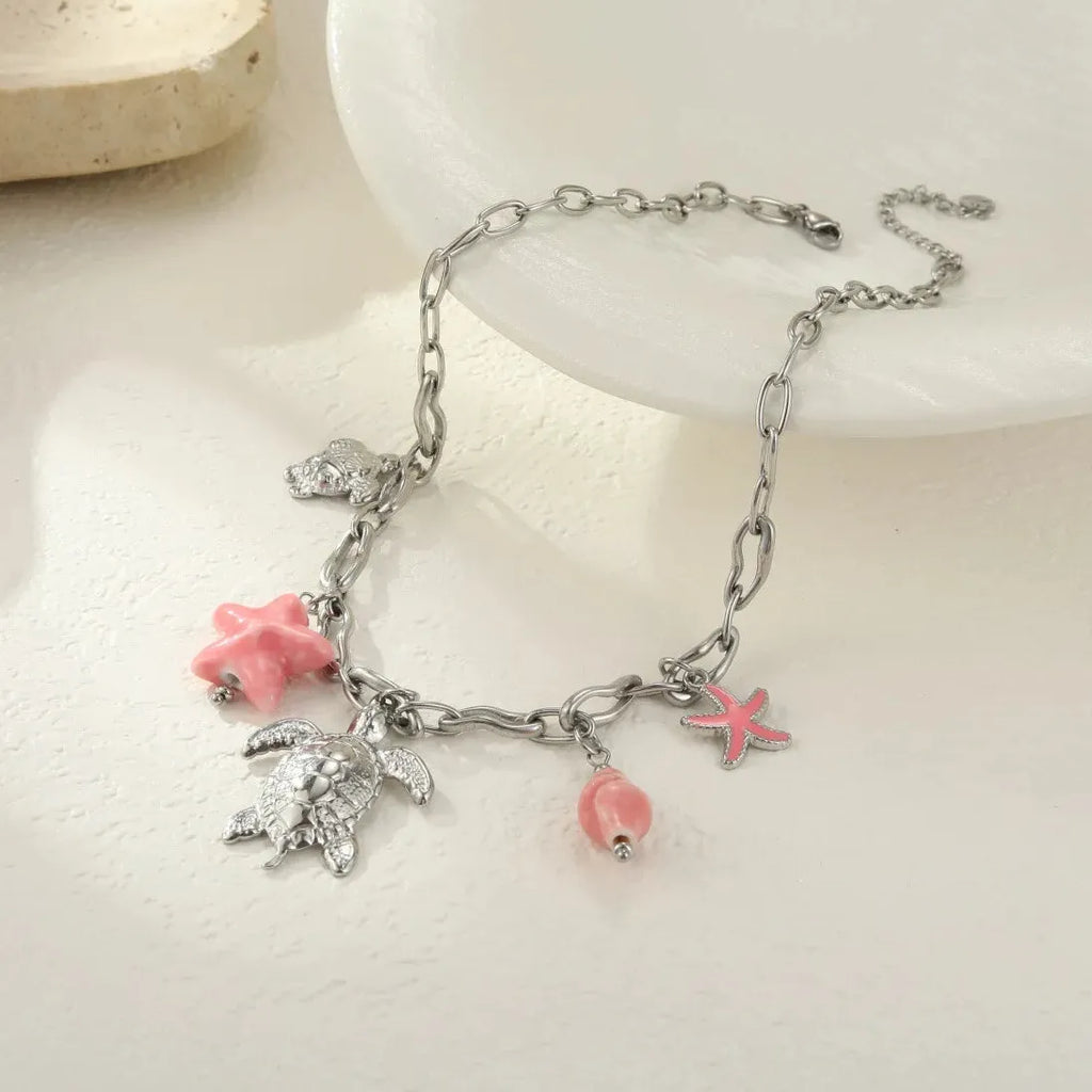 Stainless Steel Pink Starfish Conch Shell Pendant Necklace Waterproof Choker Jewelry