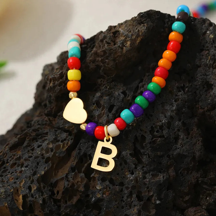18k Gold Plated Alphabet Letter Pendant Necklace Beads Mini Heart Choker Women