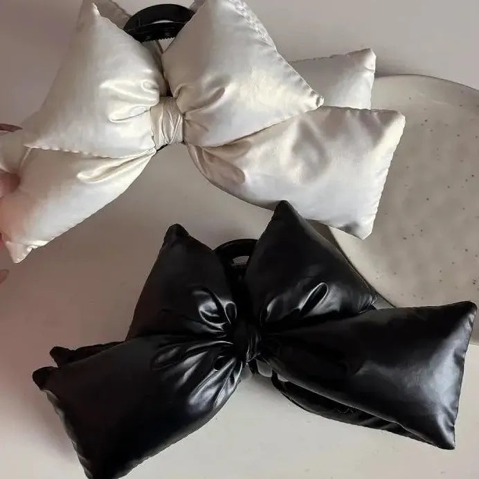 Large Black PU Leather Bow Claw Clip No-Slip Hair Accessory for Thick Hair