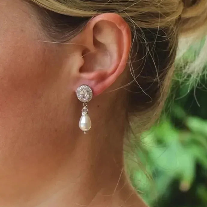 Silver Princess Cut Oval Zircon Earrings with Imitation Pearl Pendant for Women