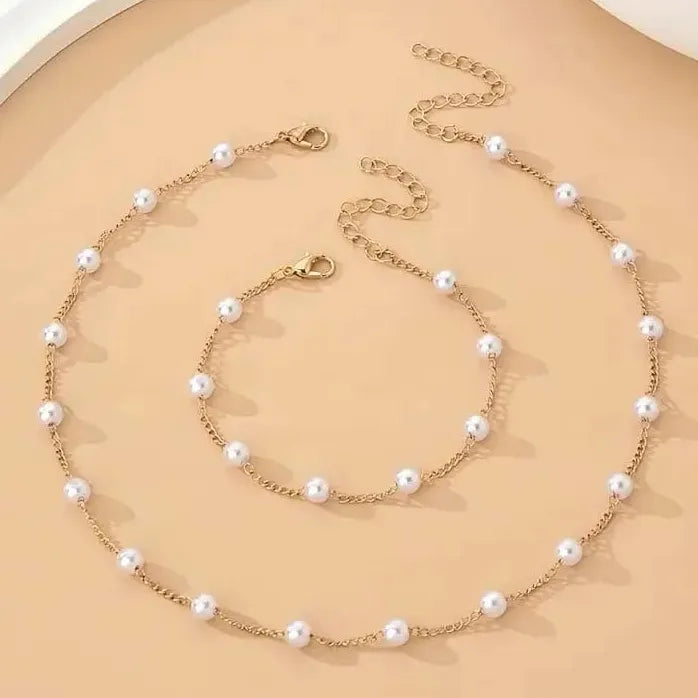 Kpop White Imitation Pearl Choker Necklace & Bracelet Set Silver Bridal Jewelry