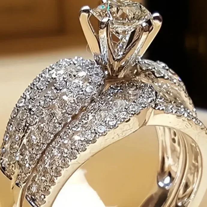 2Pcs Silver & Gold CZ Rings Set Bridal Wedding Jewelry Full Bling Luxury