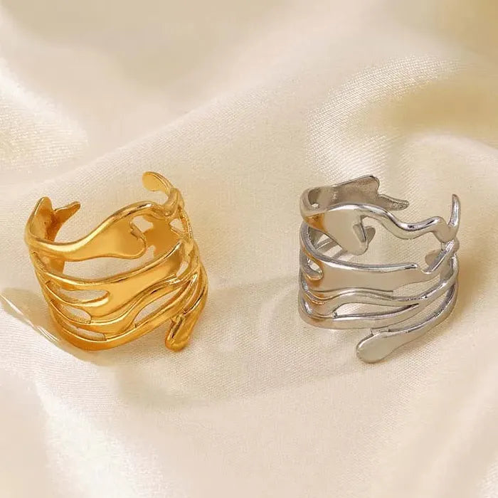Adjustable Stainless Steel Skeleton Ring Gold Color Wide Band Women Men Jewelry