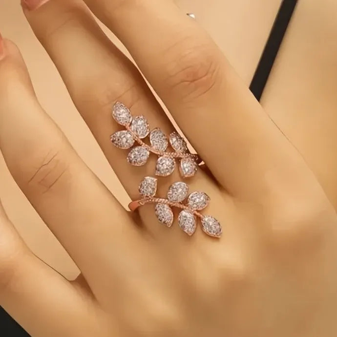 Leaves Shaped Women’s Opening Ring Rose Gold Brass CZ Party Jewelry
