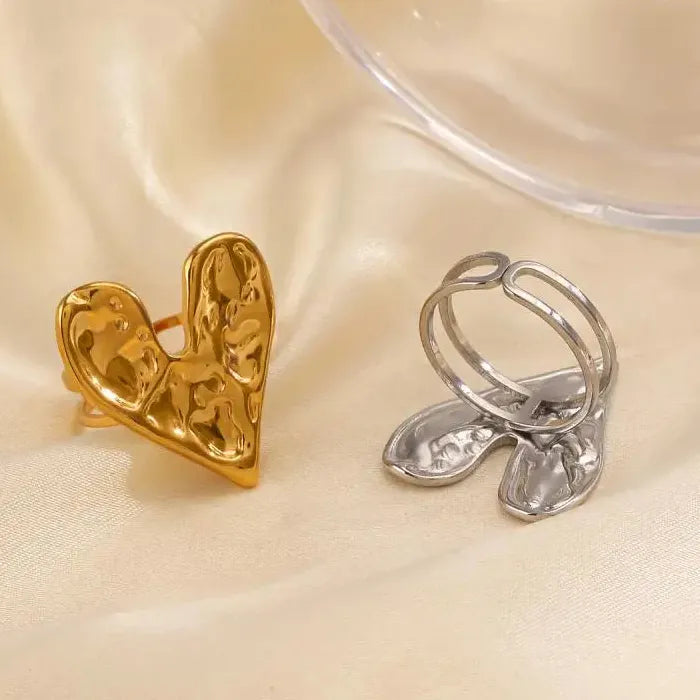 18K Gold Color Stainless Steel Heart Pattern Double Thin Ring Women Jewelry