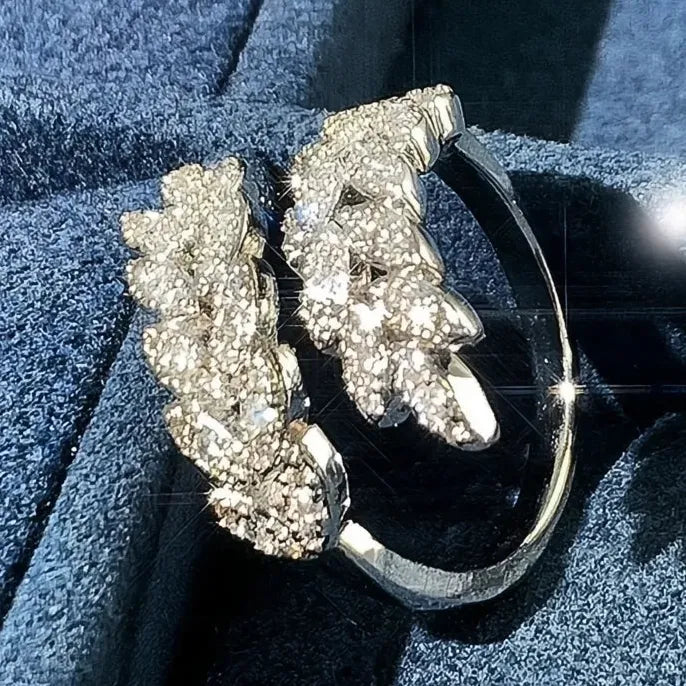 Adjustable Brass Wedding Ring with CZ Leaf Design for Women