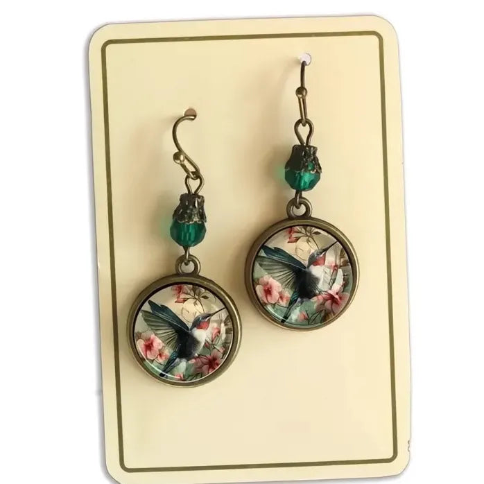 Vintage Green Glass Bead Hummingbird Flower Dangle Earrings for Women
