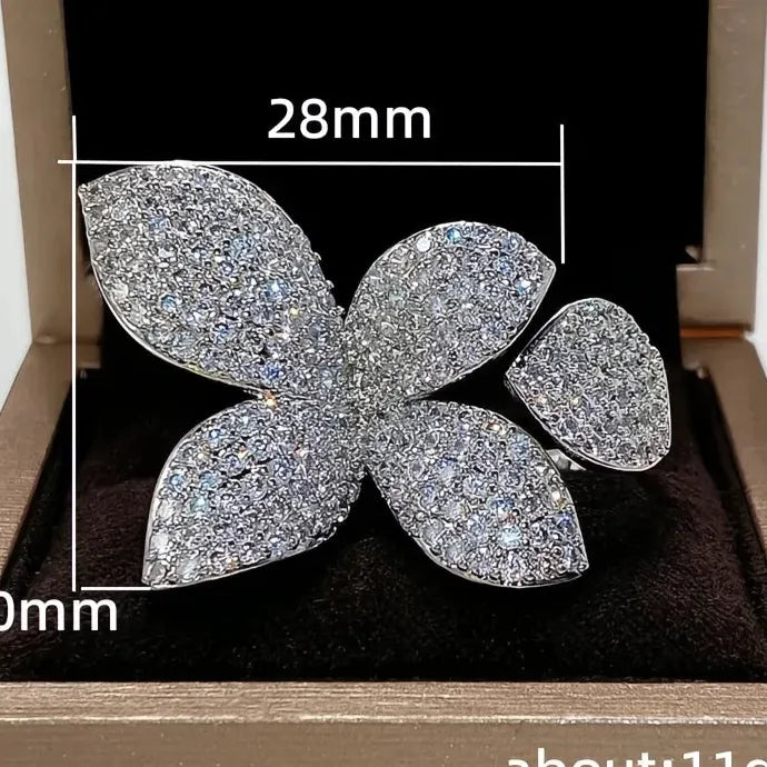 Women’s Flower Shaped Opening Ring Brass CZ Wedding Party Jewelry