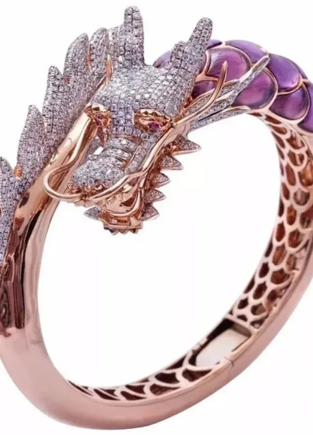 Rose Gold Dragon Ring for Women Zinc Alloy Metal Inlaid White Stone Jewelry