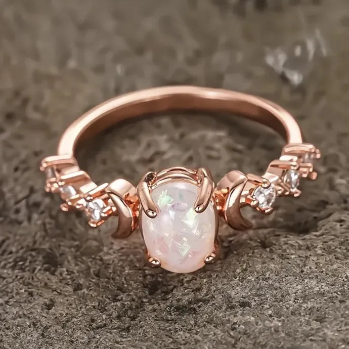 Oval Imitation Opal Wedding Band Ring for Women Brass Cubic Zirconia Jewelry