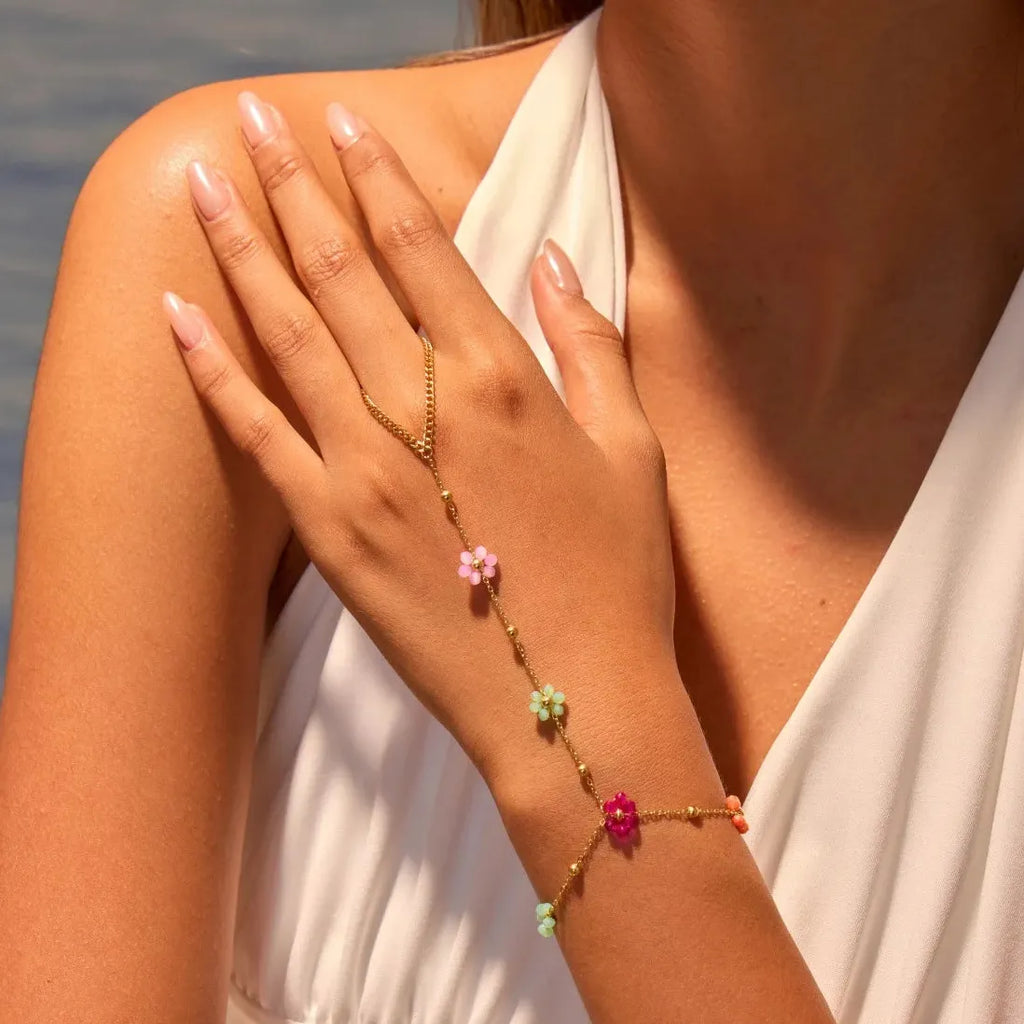 Acrylic Colored Flower Chain Bracelet and Connected Fingers Waterproof Jewelry Ballpoint