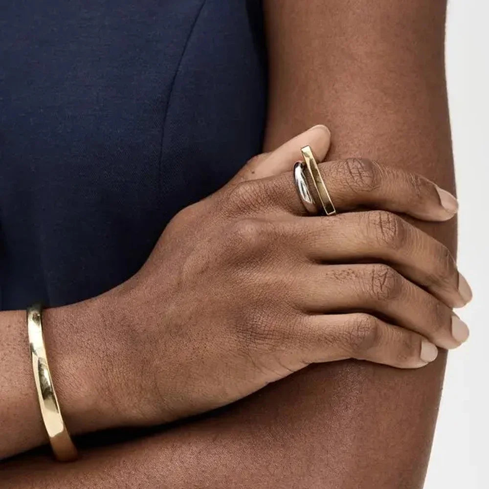 18k Gold Plated Stainless Steel Geometric Double-Layer Ring for Women