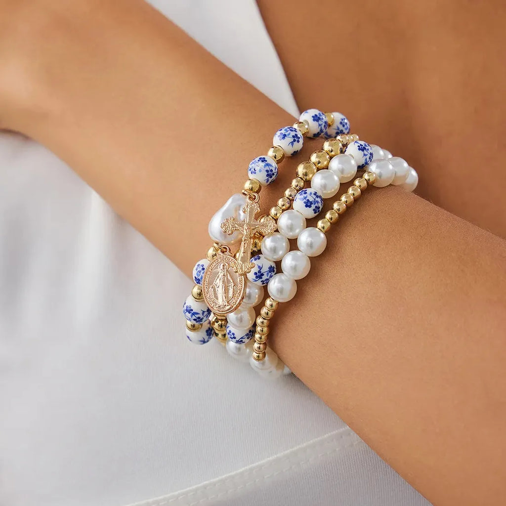 4pcs Blue White Porcelain Round Bead Bracelet Women Geometric Pearl Cross Jewelry